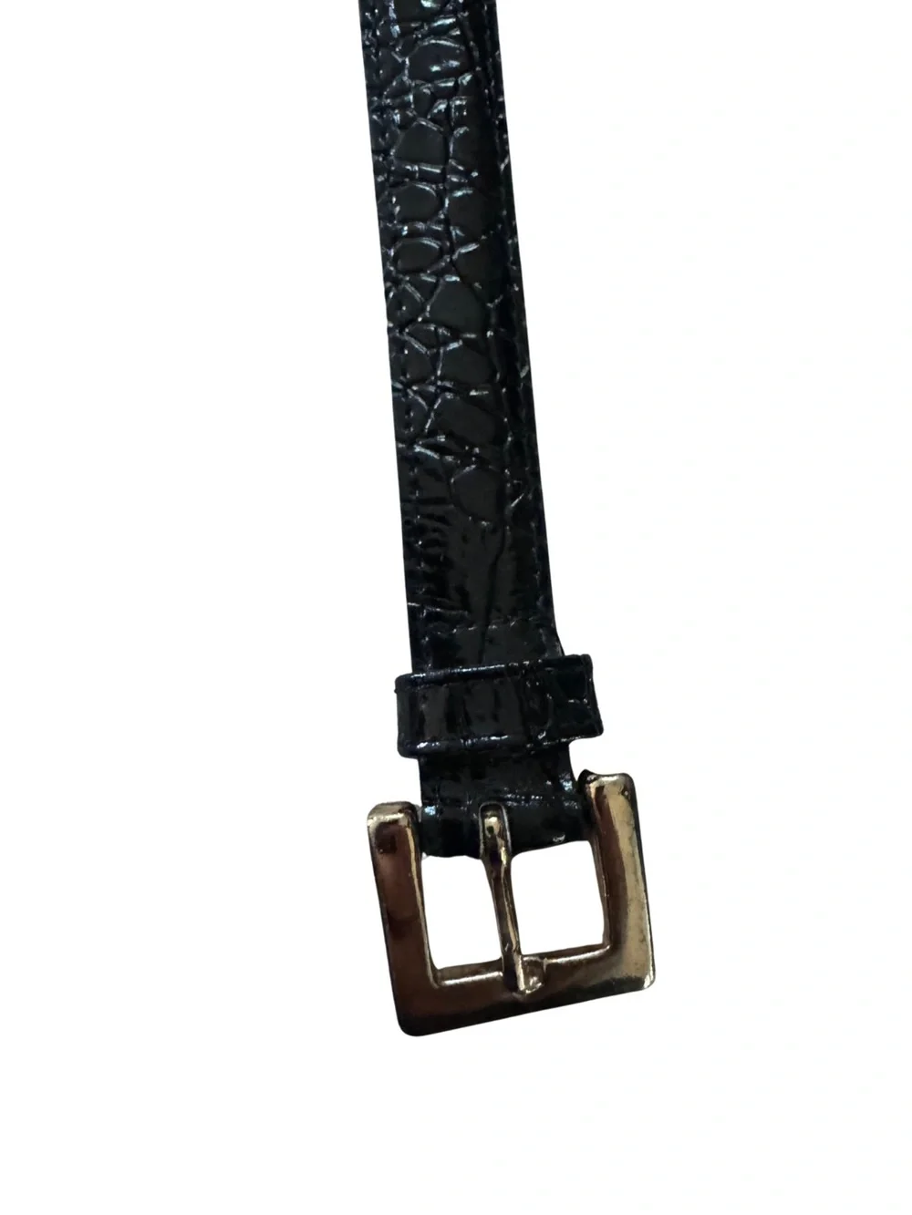 Black Croc-Embossed Leather Belt with Gold Buckle